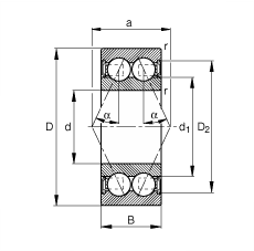 角接觸球軸承 3814-B-2RSR-TVH, 雙列，雙側(cè)唇密封，接觸角 α = 25°